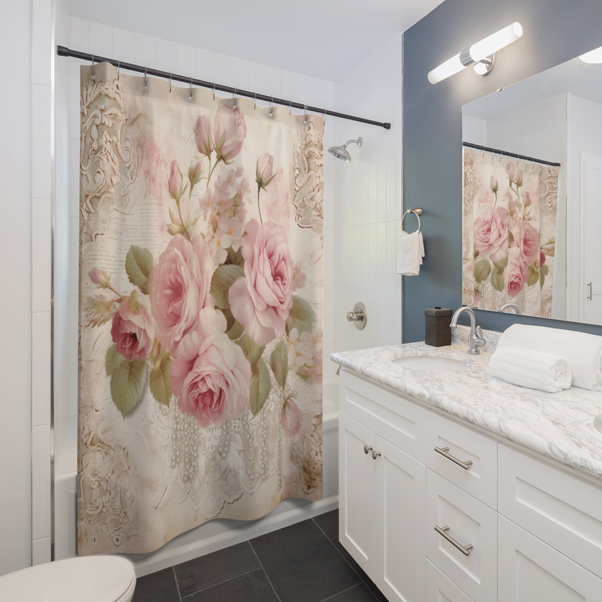 Pink vintage rose shabby chic floral Shower Curtain, bathroom decor