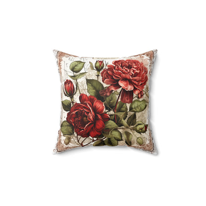 Vintage red peony roses shabby chic style Spun Polyester Square Pillow, valentines gift, floral home decor