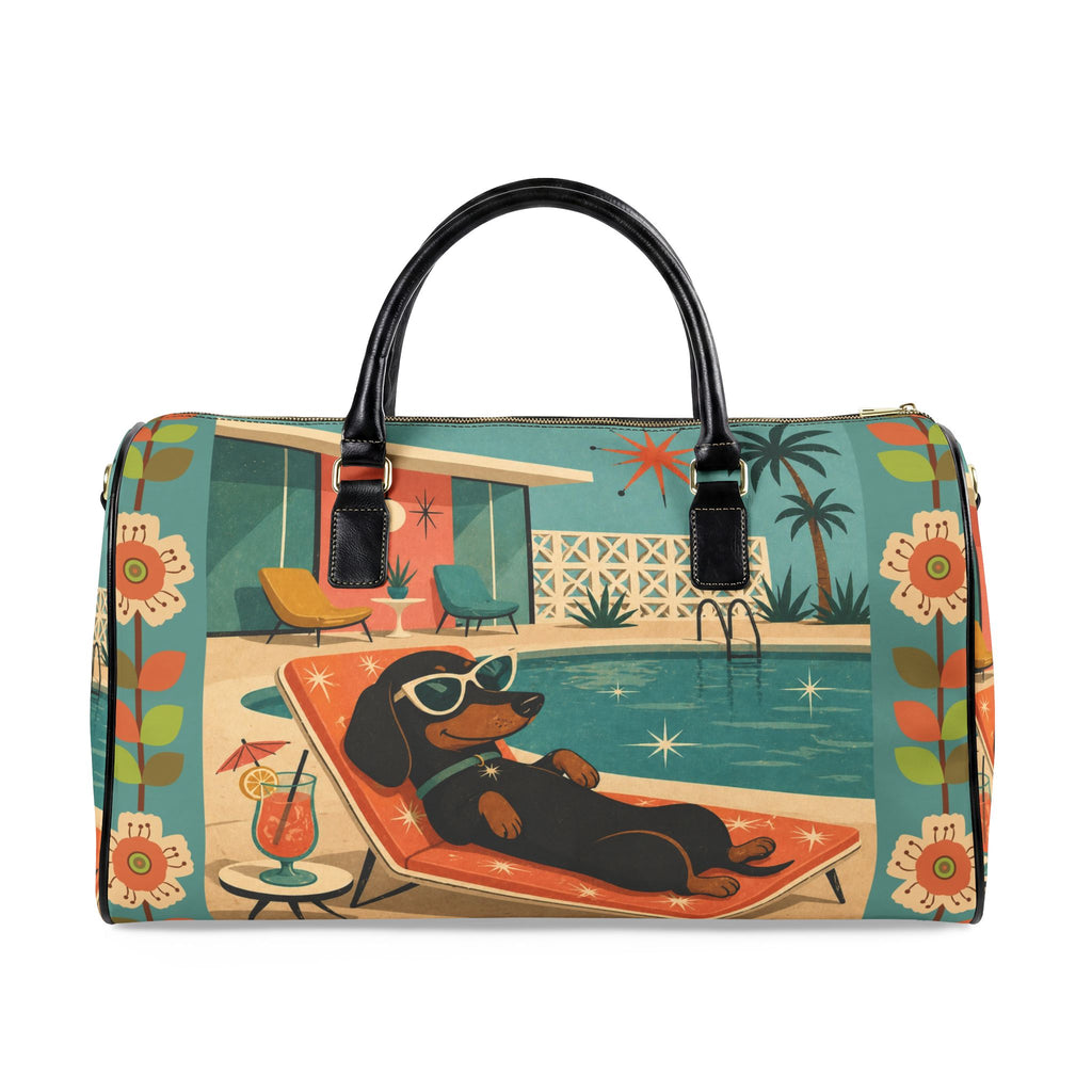 Retro Dachshund Poolside Lounge PU Leather Travel Bag | Vintage Mid Century
