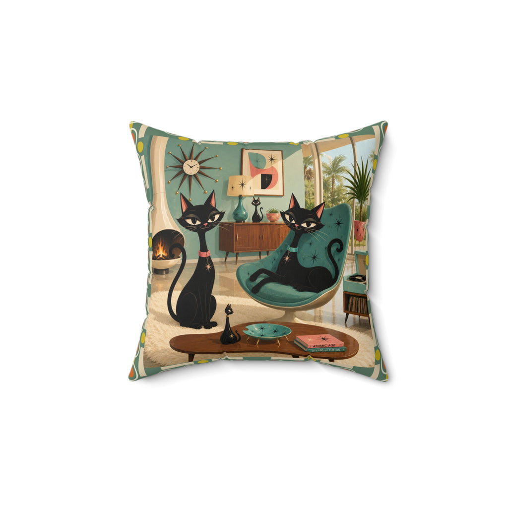 Mid Century Atomic Black Cats Pillow | Retro Living Room Cat Illustration