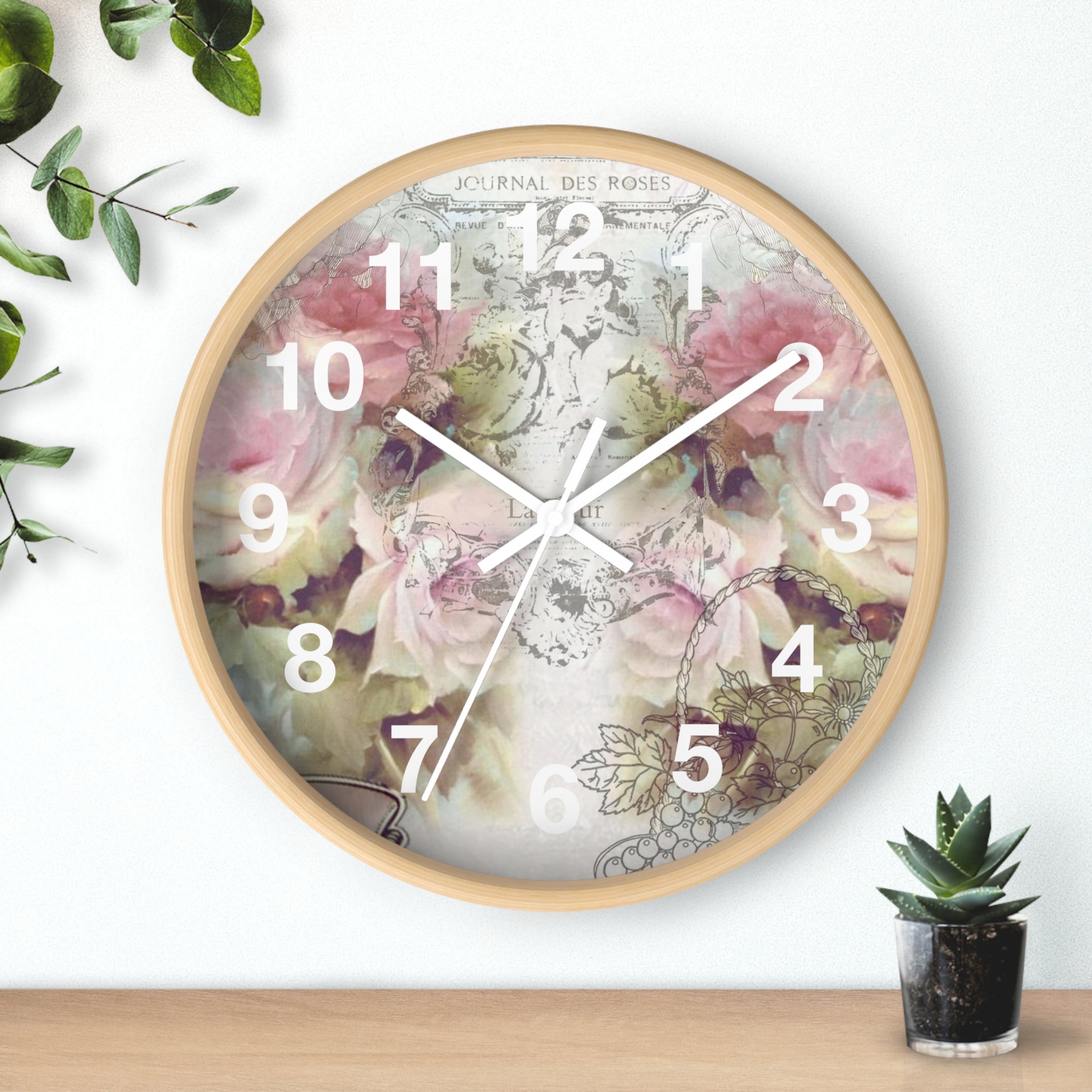 Shabby chic, pink roses, floral Wall clock