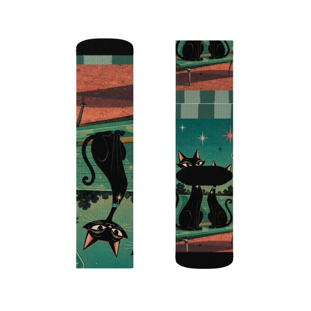 Retro Atomic Black Cats Socks | Teal Night Cat Pattern Sublimation Socks