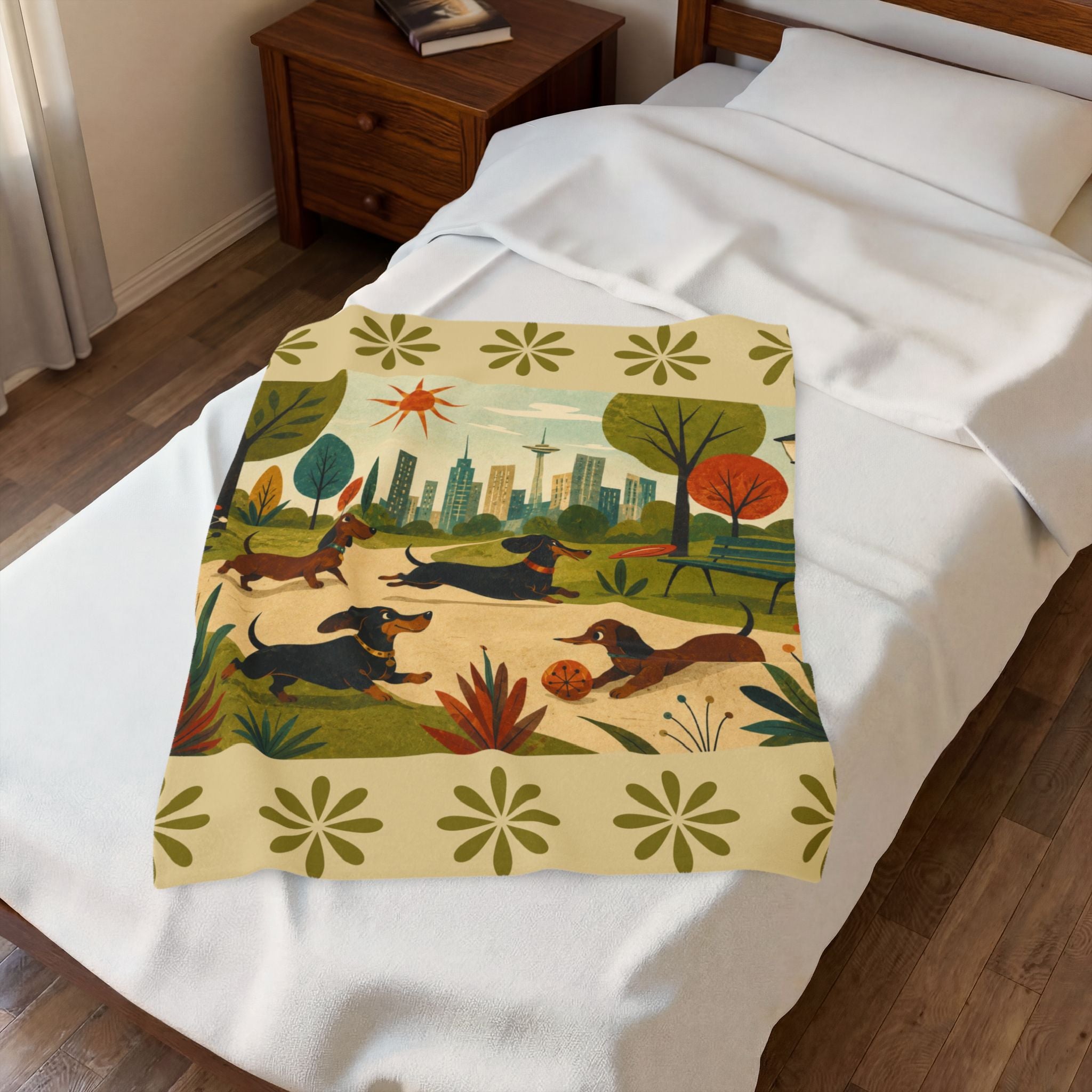MCM Dachshund Park Scene Velveteen Plush Blanket | Retro City Park Dogs