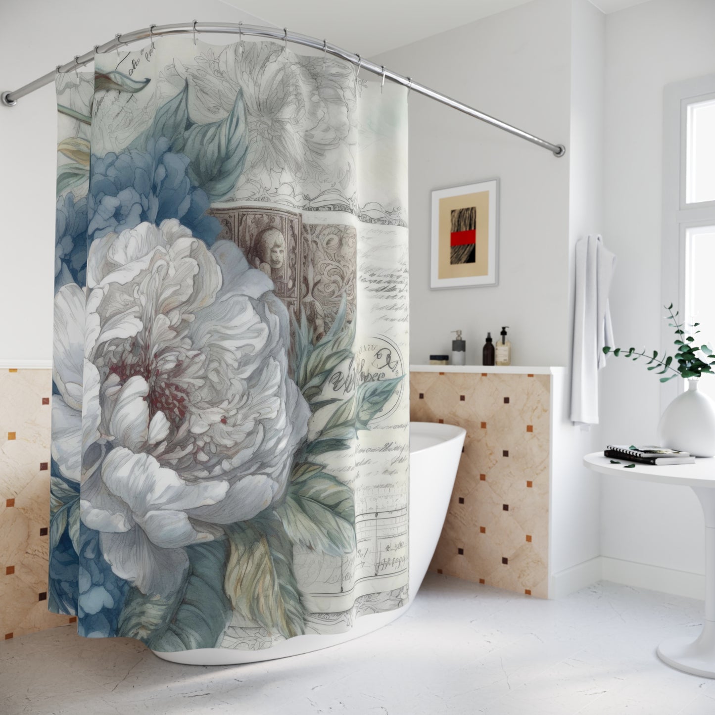 Blue with large white flower Shabby chic Shower Curtain, French vintage inspired, floral bathroom, bathtub stall shower curtain