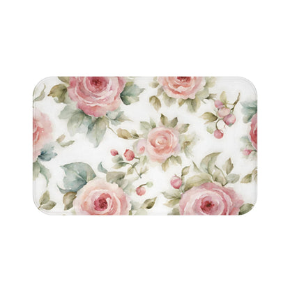 Pink watercolor roses shabby chic Bath Mat, French vintage inspired, non slip mat, bathroom decor, Farmhouse bathmat