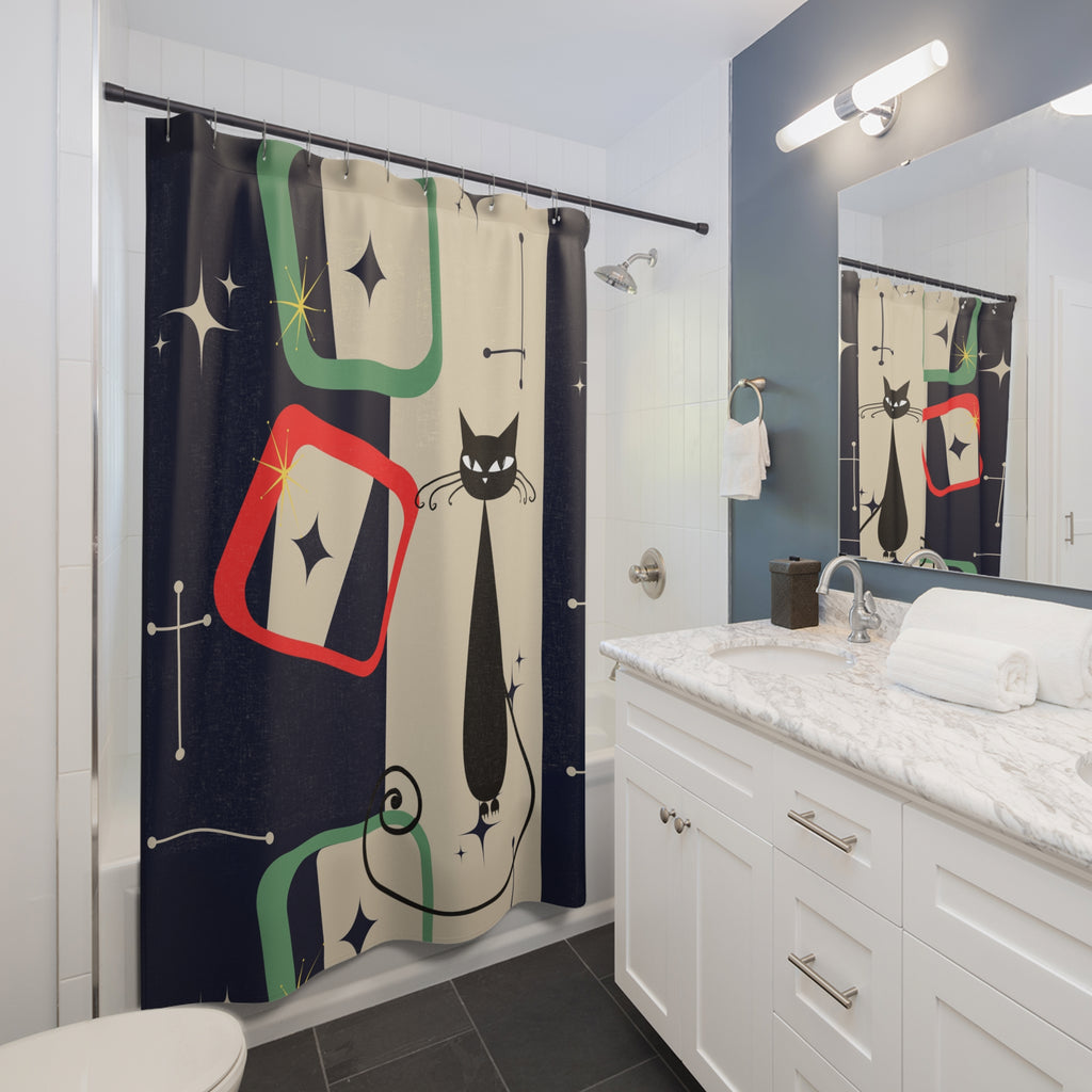 Atomic cat MCM retro shapes red green blue beige Shower Curtain, Mid Century Modern, bathtub or stall, Mid Mod Bathroom, housewarming gift