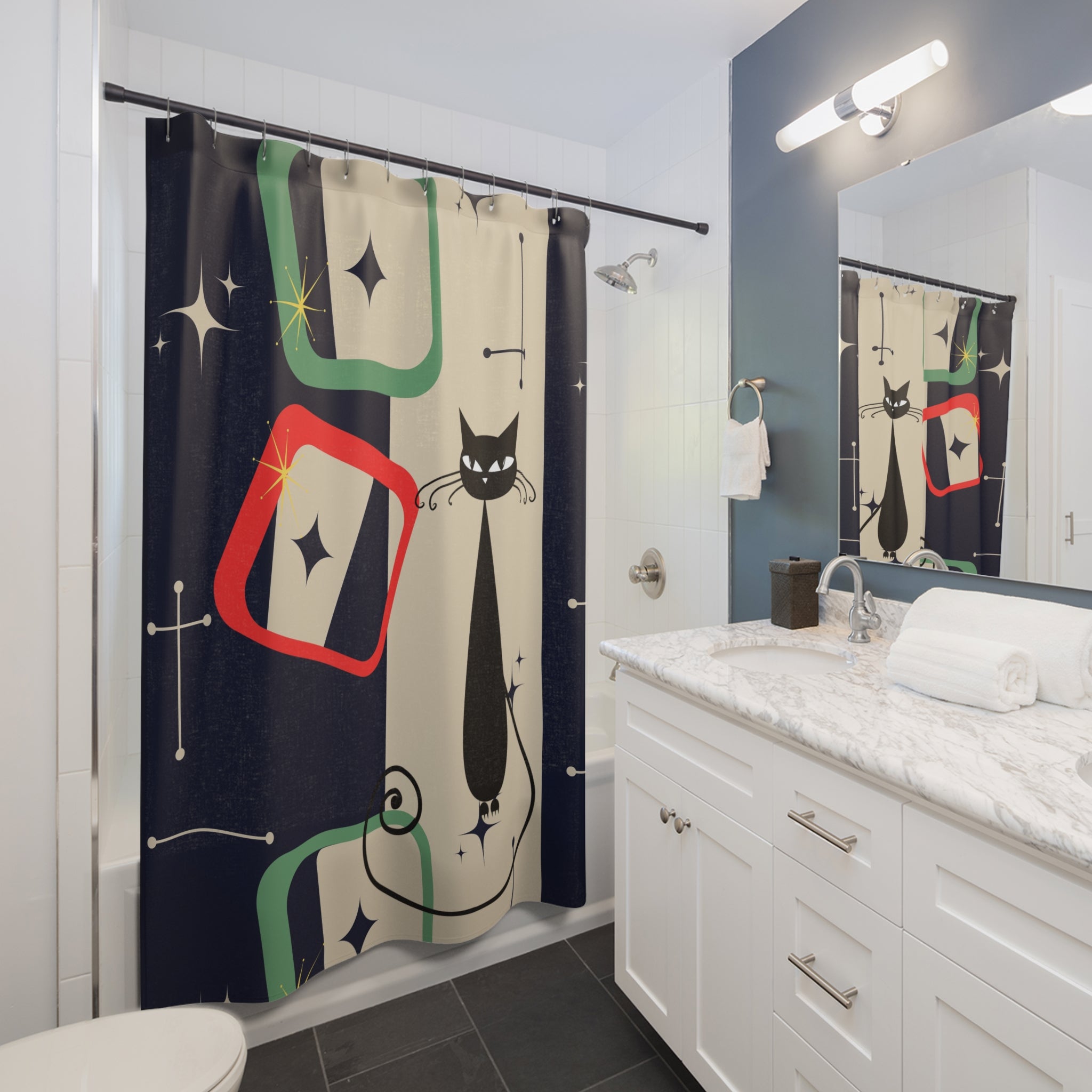 Atomic cat MCM retro shapes red green blue beige Shower Curtain, Mid Century Modern, bathtub or stall, Mid Mod Bathroom, housewarming gift