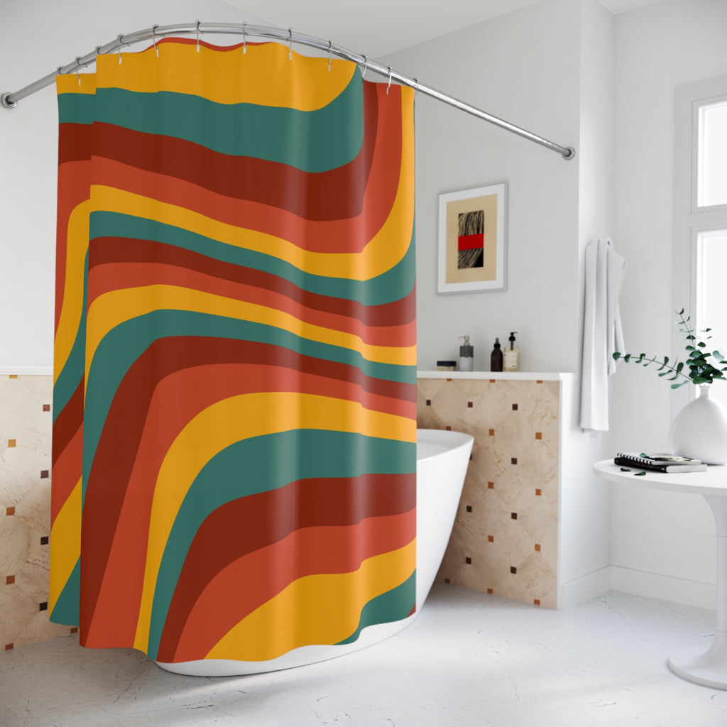 Retro Wavy Stripe Shower Curtain — 1970s Boho Bathroom Decor