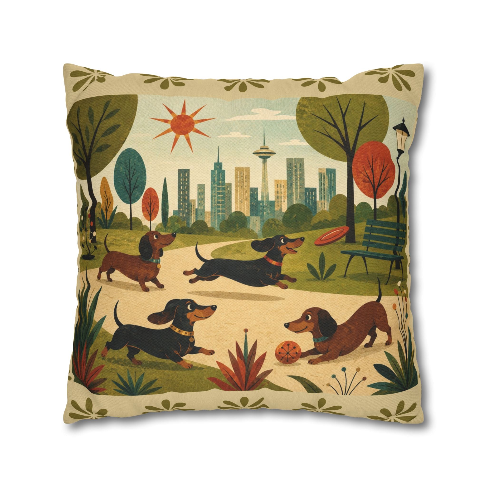 MCM Dachshund Park Scene Pillowcase | Square Decorative Throw Pillowcase - COVER ONLY