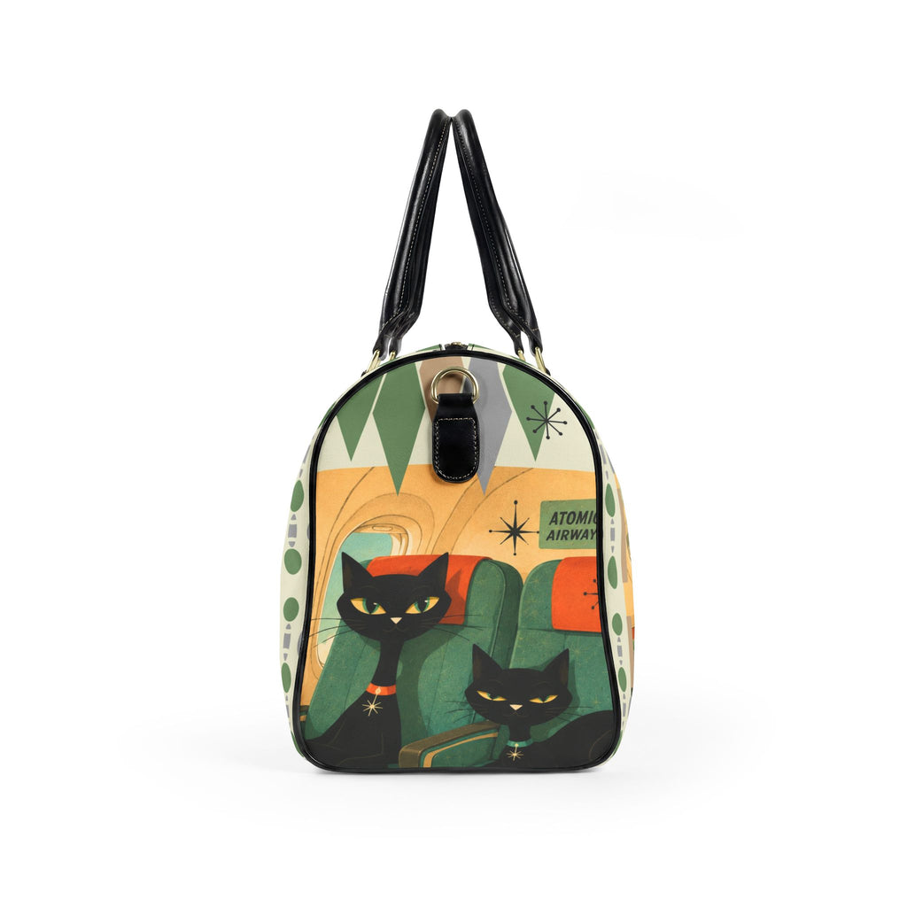 Retro Atomic Black Cats Travel Bag | Faux Leather Duffle, Mid Century Plane Scene