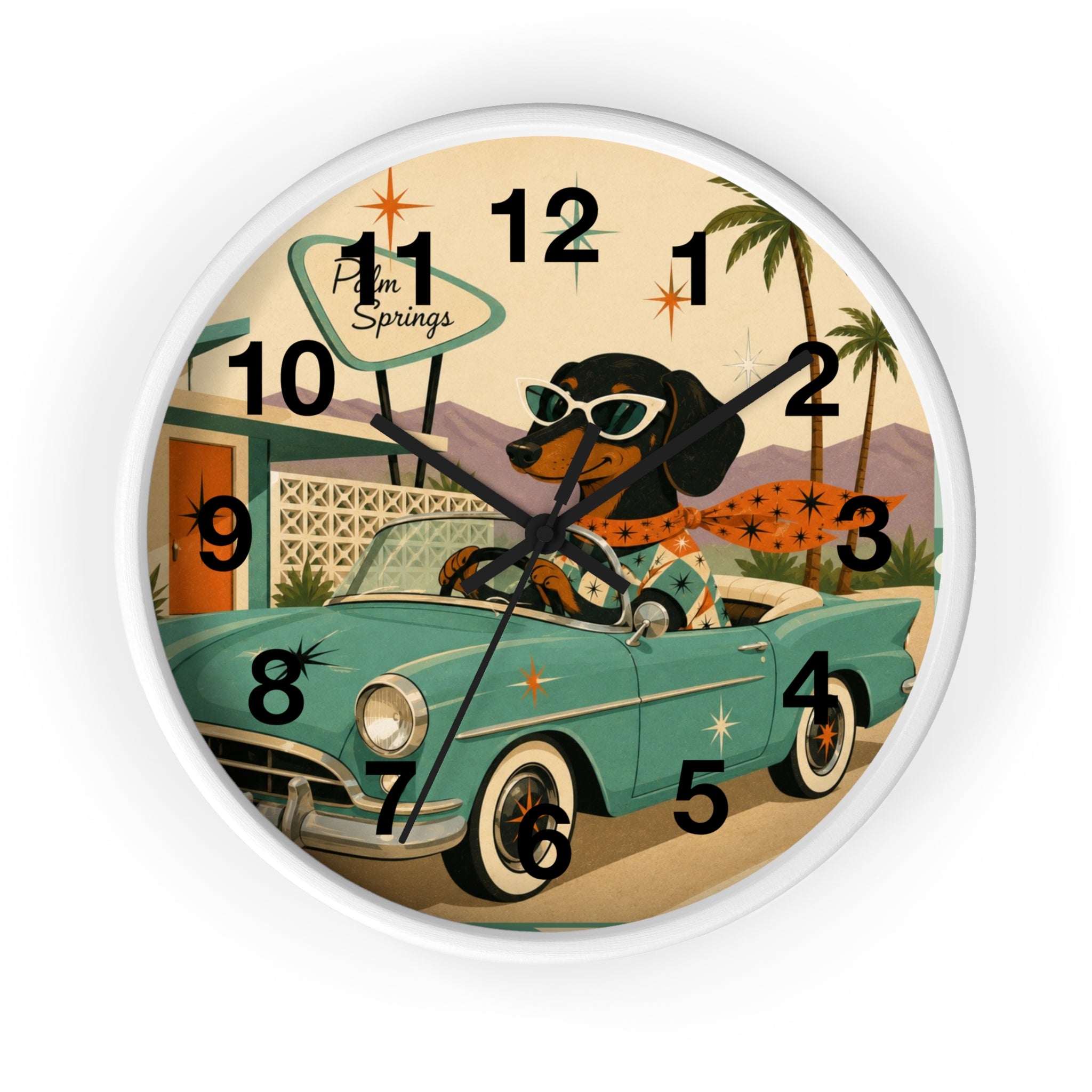 Dachshund Retro Roadtrip Wall Clock | Mid-Century Palm Springs Art