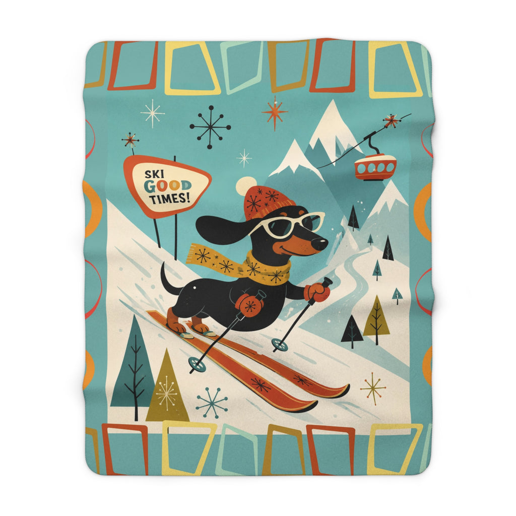 Skiing Dachshund Dog MCM Sherpa Fleece Blanket | Retro Winter Lodge Design
