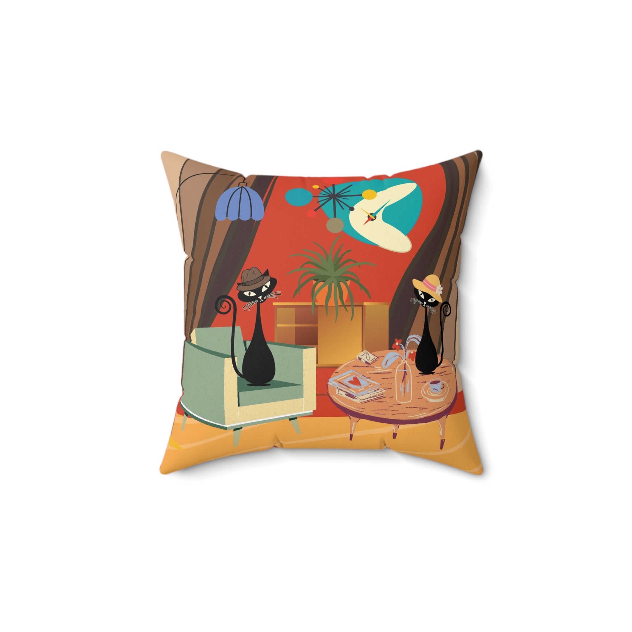 Atomic cat MCM Spun Polyester Square Pillow, retro scatter throw cushion, Mid Century Modern, black cat lover gift