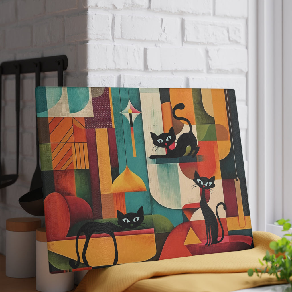 Atomic cat MCM Glass Cutting Board, Mid Century Modern, MCM chopping board, 50s 60s inspired, black cat lover gift