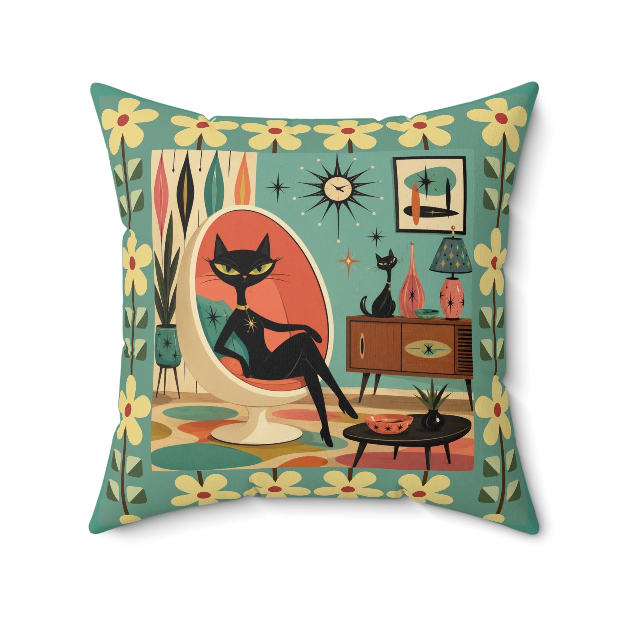 Mid Century Retro Atomic Black Cat in Egg chair Pillow | 1950s Vintage Living Room Decor