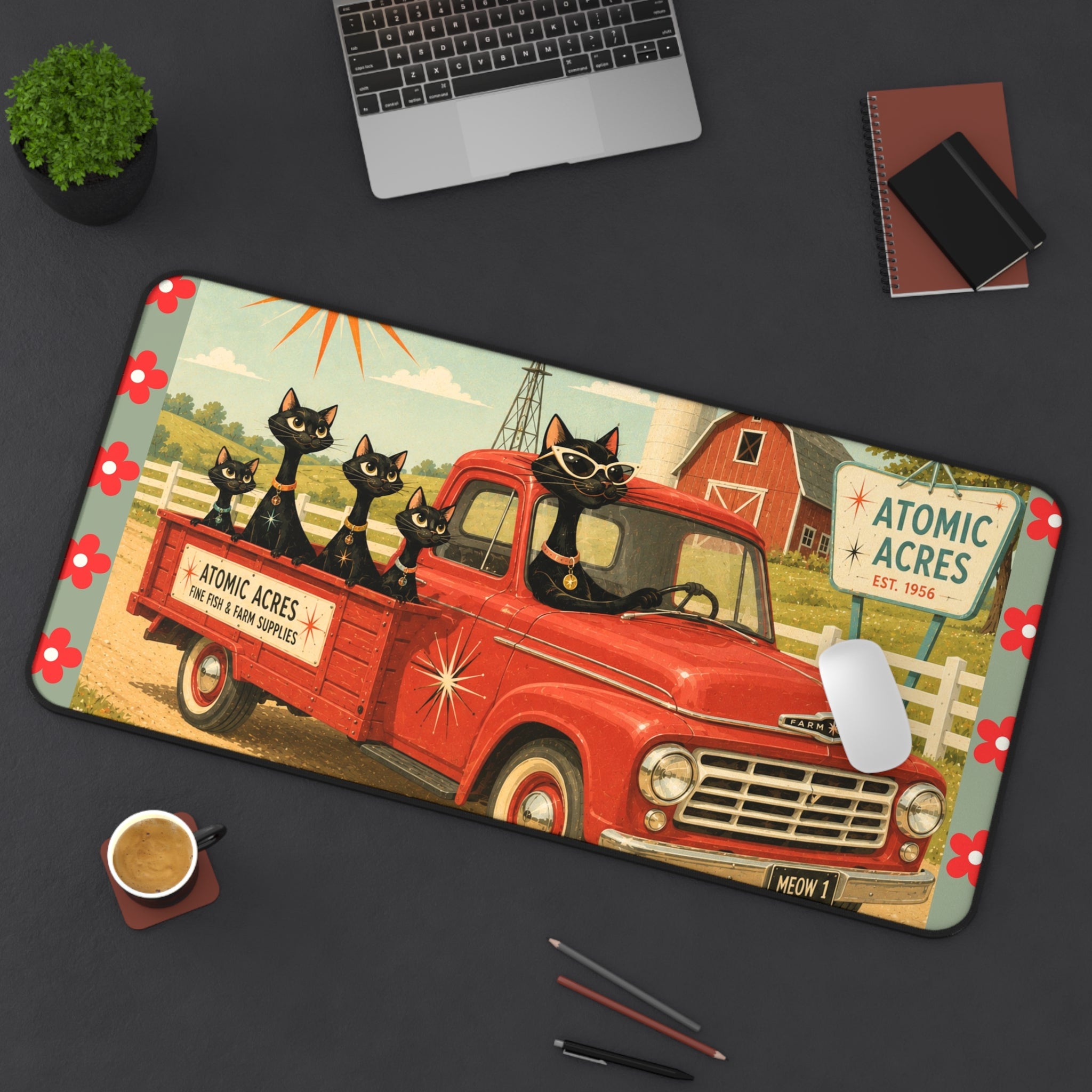Retro Red Truck with Atomic Black Cats Desk Mat | Atomic Acres Farm Mousepad