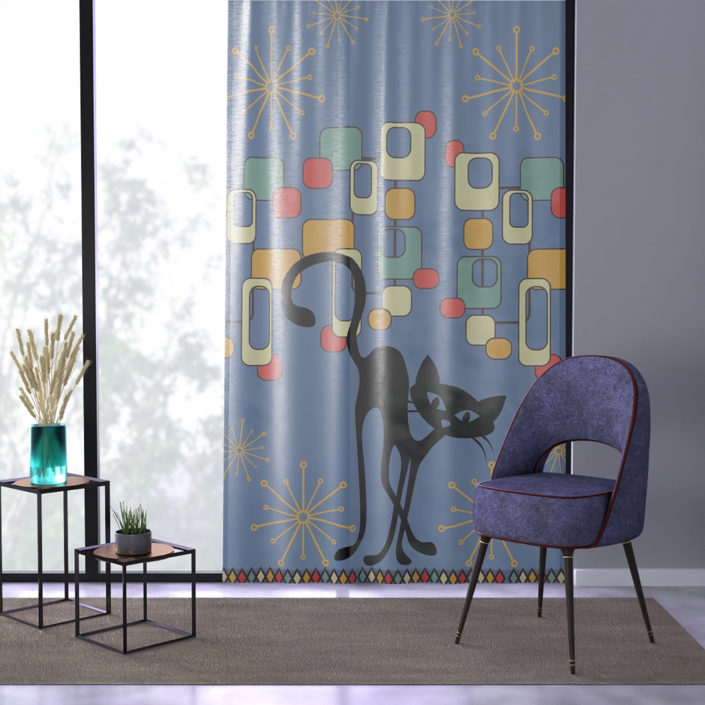 Cute atomic cat sheer Window Curtain for living room or bedroom, mid century modern, MCM home decor