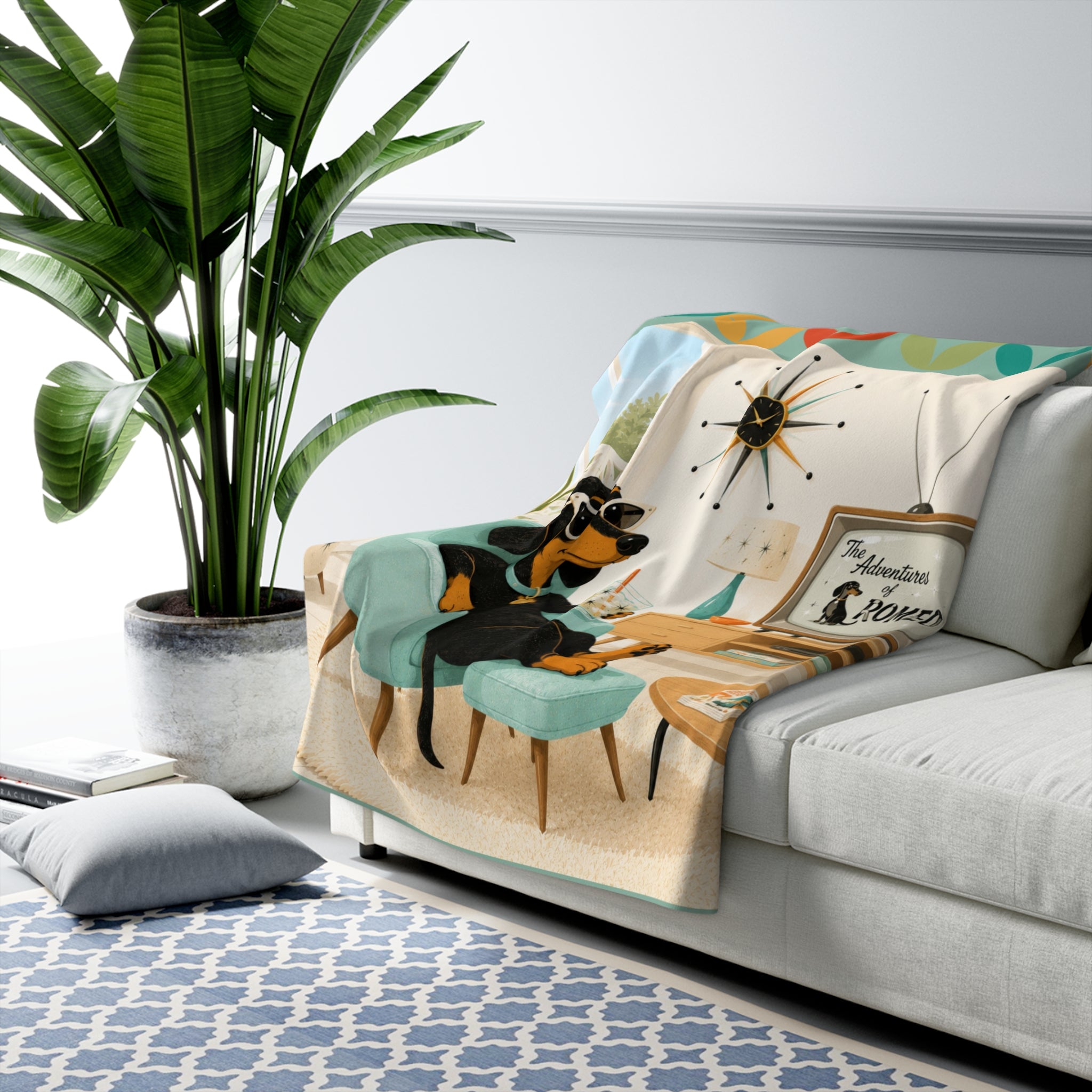 Retro Dachshund Lounge Sherpa Fleece Blanket | Mid Century Dog TV Art