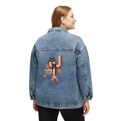 Atomic cat god vibes 70s Women's Denim Jacket, mid century modern, ladies oversized, retro inspired, black cat lover jacket