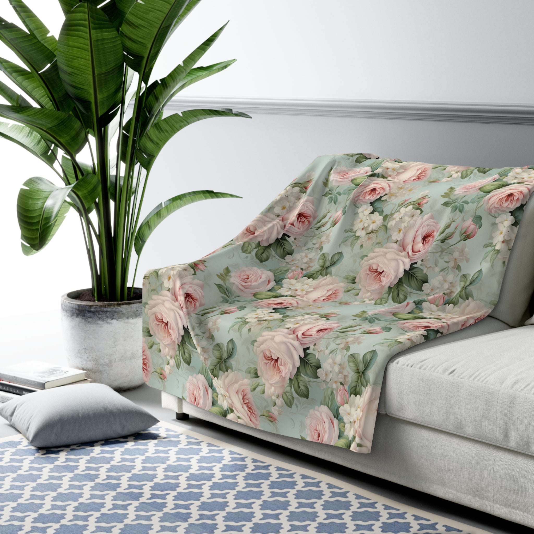 Pink vintage roses shabby chic style Sherpa Fleece Blanket, throw blanket, bedroom living room couch blanket