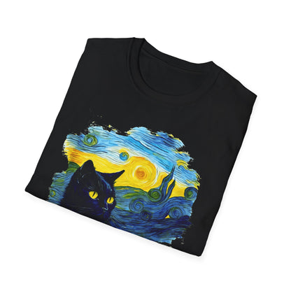 Cute black Cat with Van Gogh inspired Unisex Softstyle T-Shirt