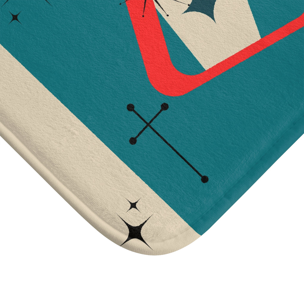 Atomic cat teal and shapes Bath Mat, retro bathroom, MCM bath mat, non slip, 50s 60s kitschy inspired, black cat lover gift