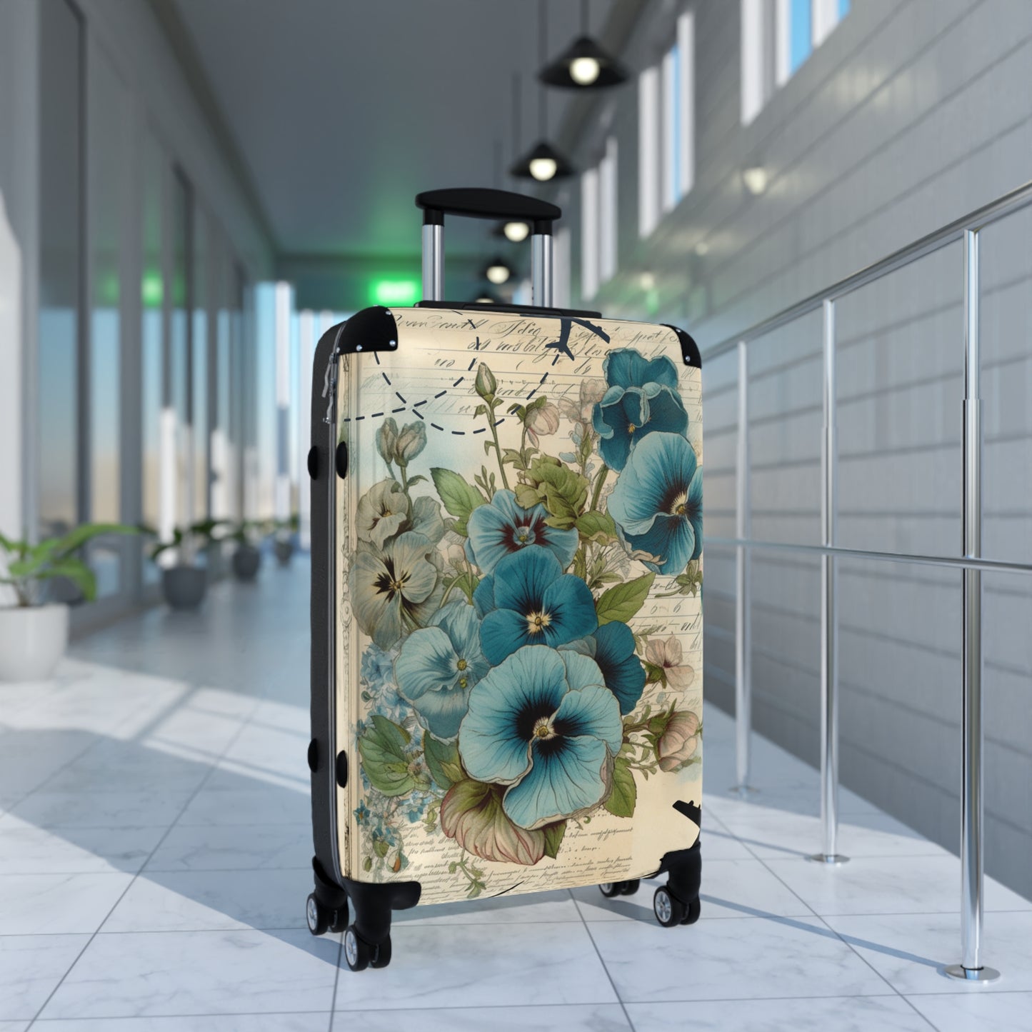 Big blue pansy Suitcase on wheels with planes, holiday weekend, carry on luggage, large roller suitcase, floral travel luggage