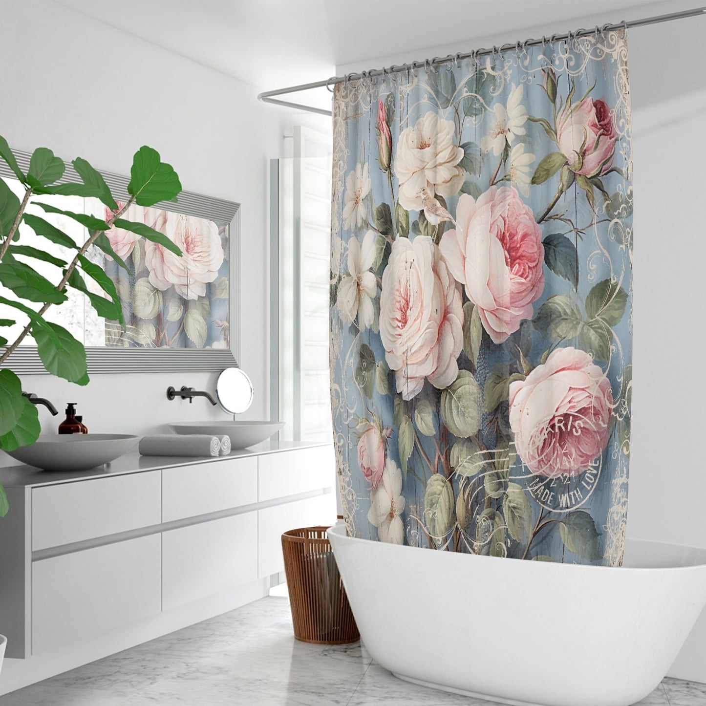 Shabby chic style pink rose, vintage inspired Quick-drying Shower Curtain