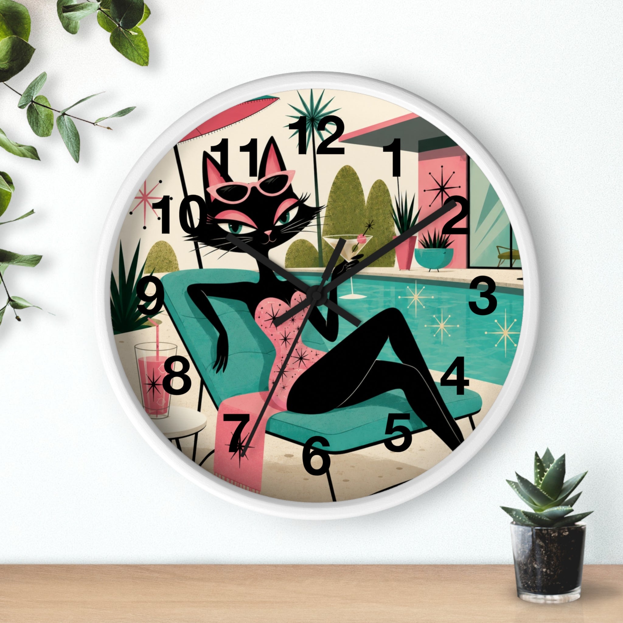 Retro Atomic Cat Lounge Wall Clock | Mid Century Modern Poolside Cat Art