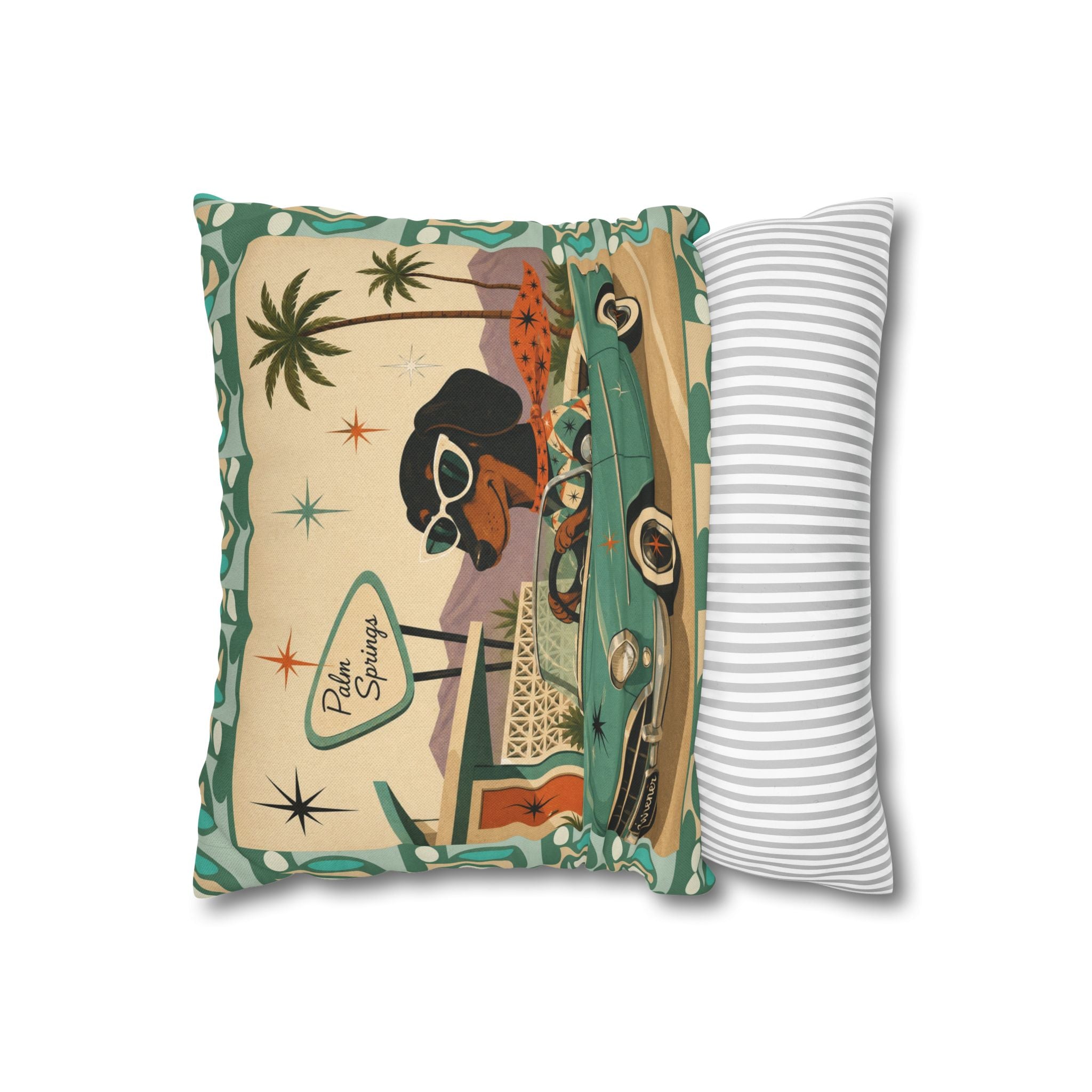Retro Dachshund Driving Convertible Pillowcase | Palm Springs Vintage Car - COVER ONLY