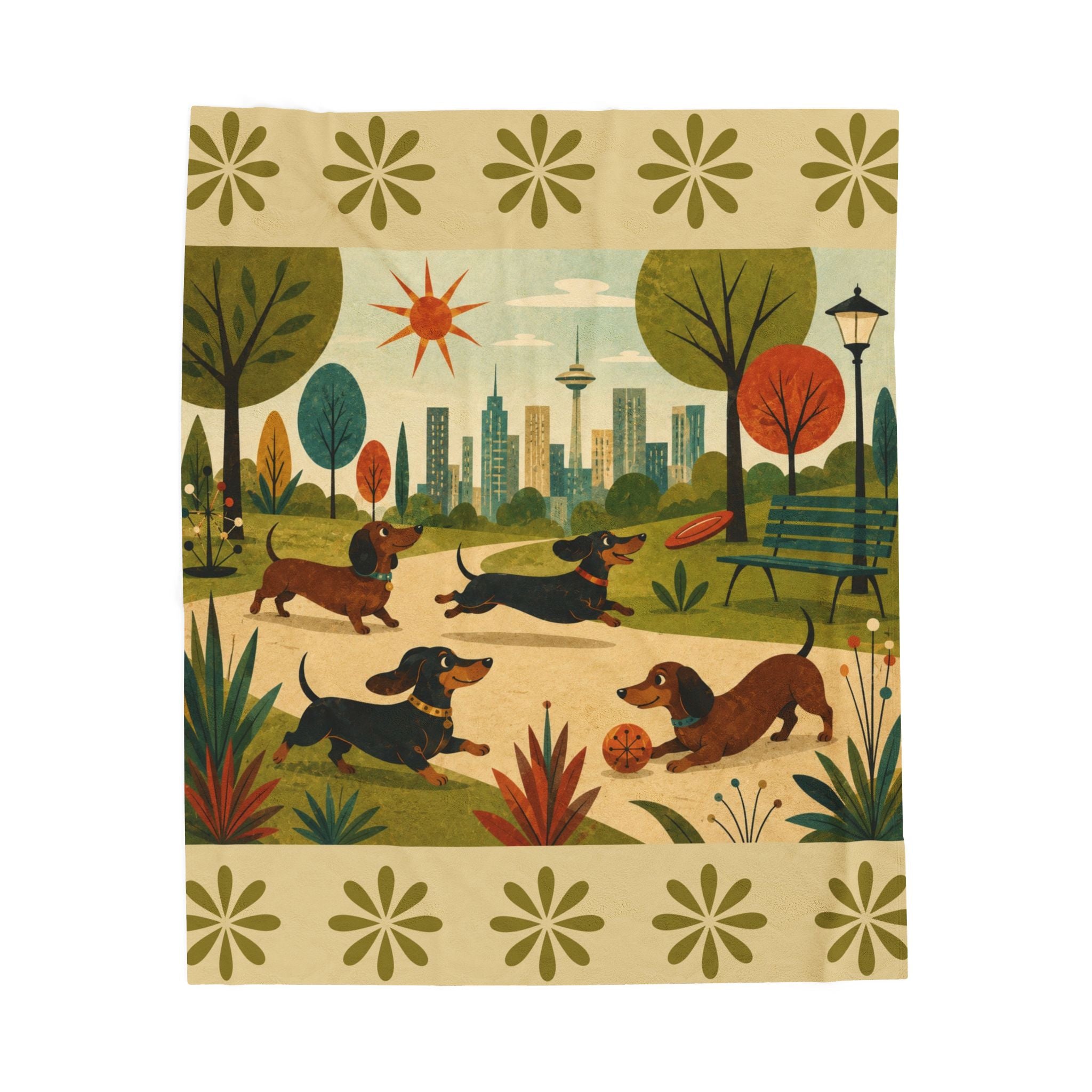 MCM Dachshund Park Scene Velveteen Plush Blanket | Retro City Park Dogs