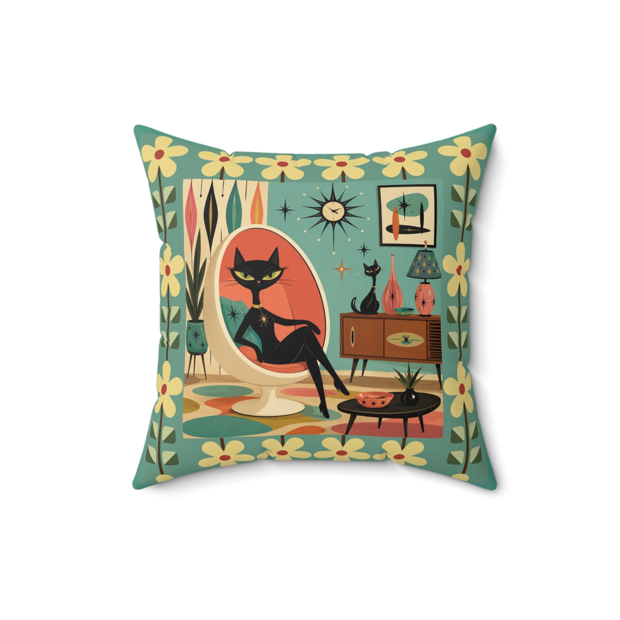 Mid Century Retro Atomic Black Cat in Egg chair Pillow | 1950s Vintage Living Room Decor