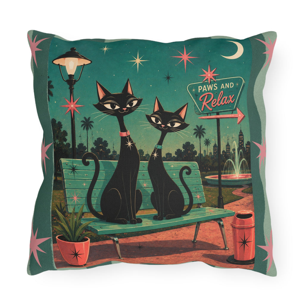 Retro Black Cats Outdoor Pillow | Mid Century Park 'Paws and Relax'
