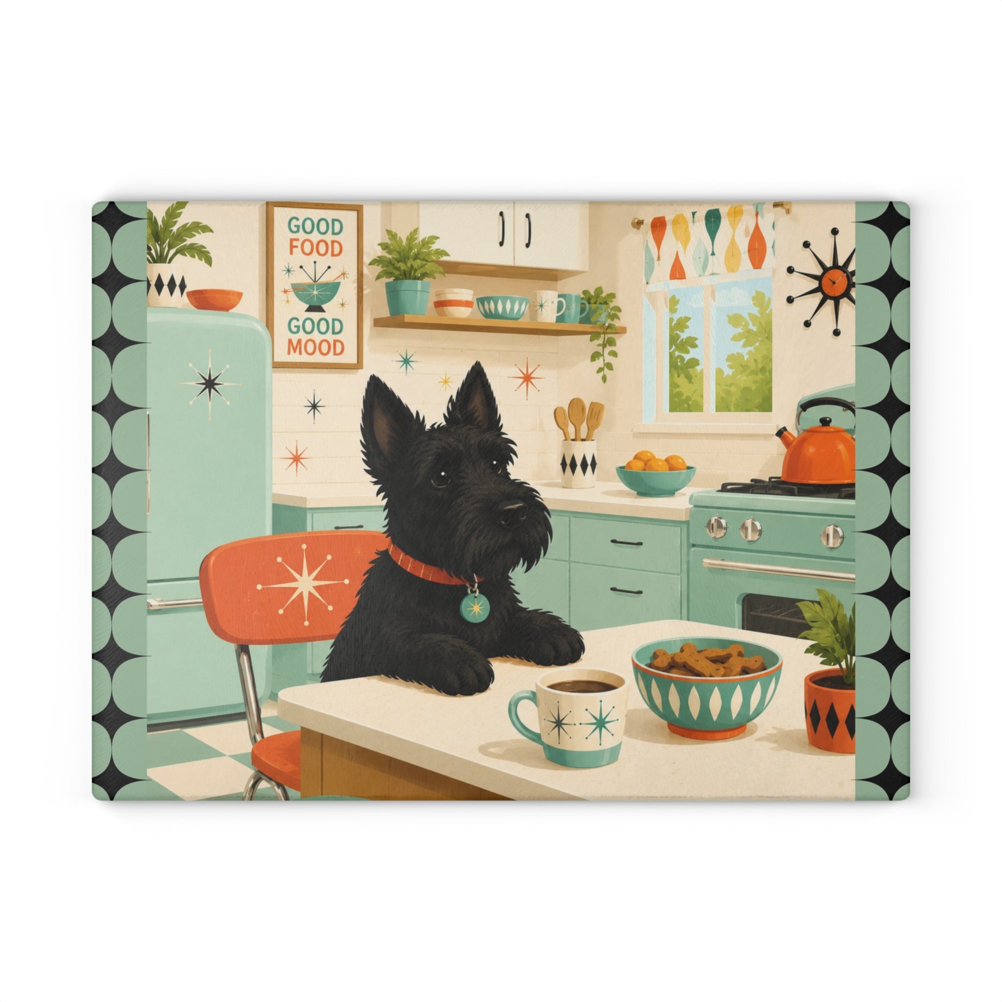 Retro Kitchen Scottish Terrier Glass Cutting Board | Mid Century Dog Art