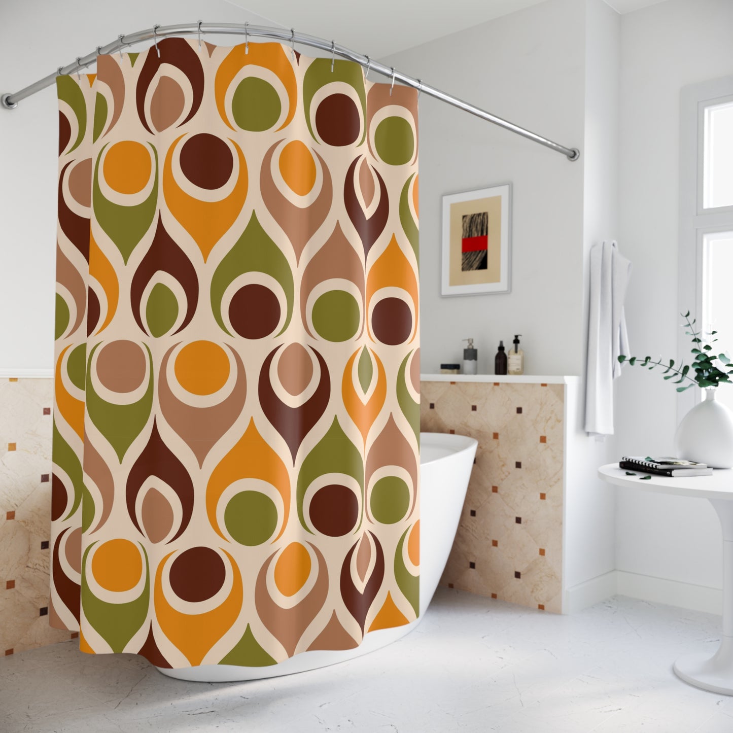 Retro groovy 60s 70s design Polyester Shower Curtain, bathtub stall, retro bathroom decor