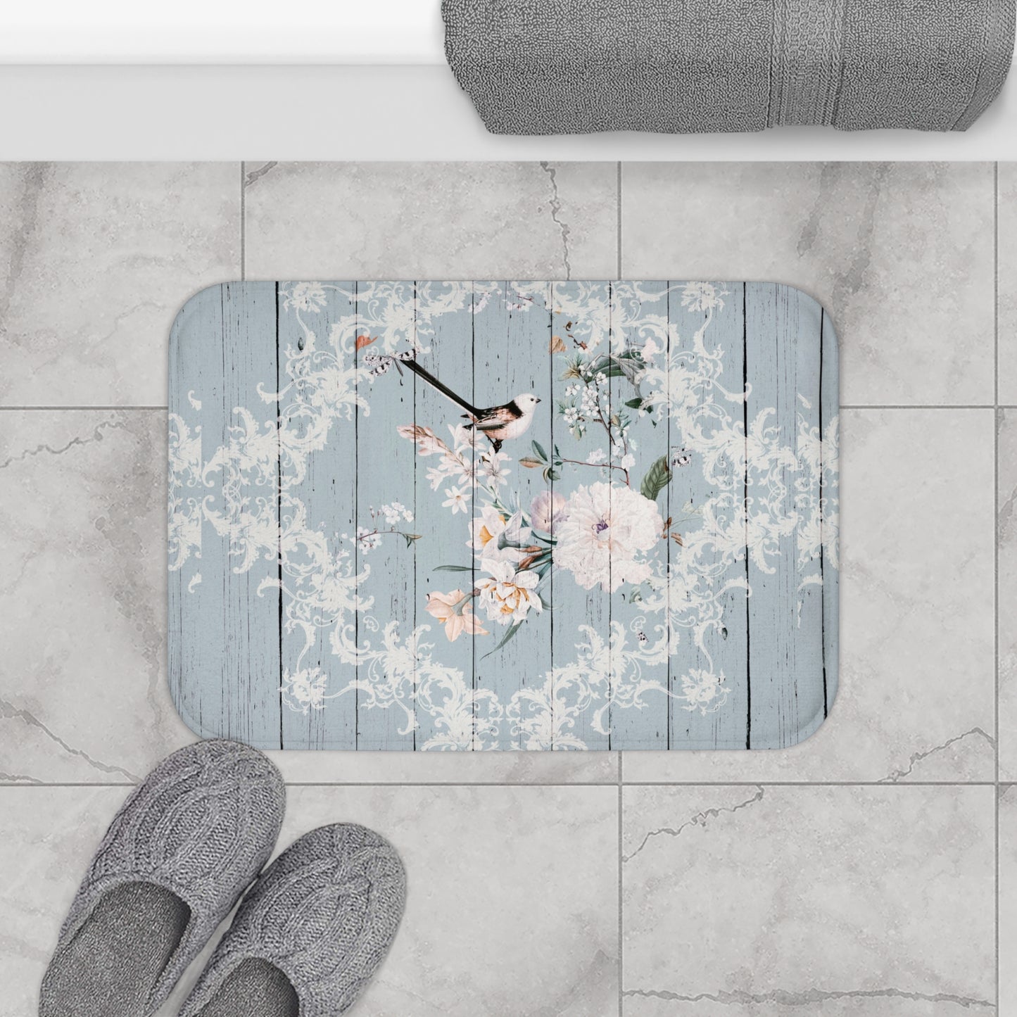 Shabby Chic Blue printed wood look Bath Mat with Birds and Blossoms, vintage inspired, floral bathroom decor