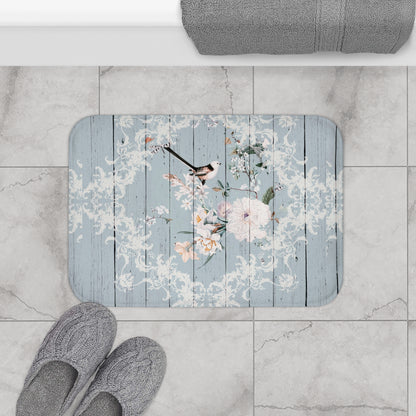 Shabby Chic Blue printed wood look Bath Mat with Birds and Blossoms, vintage inspired, floral bathroom decor