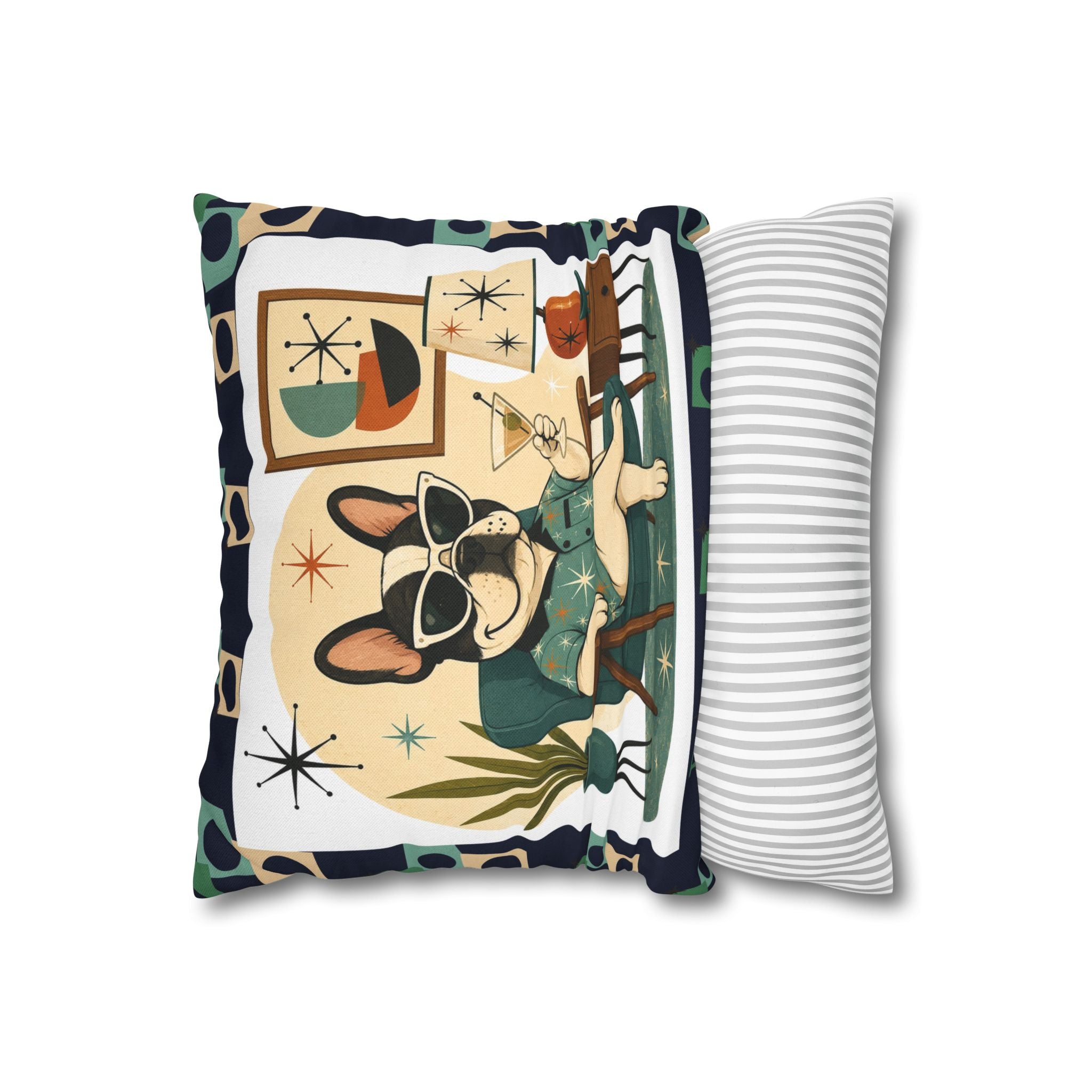 Retro Mid Century French Bulldog Pillowcase | Square Throw Pillowcase - COVER ONLY