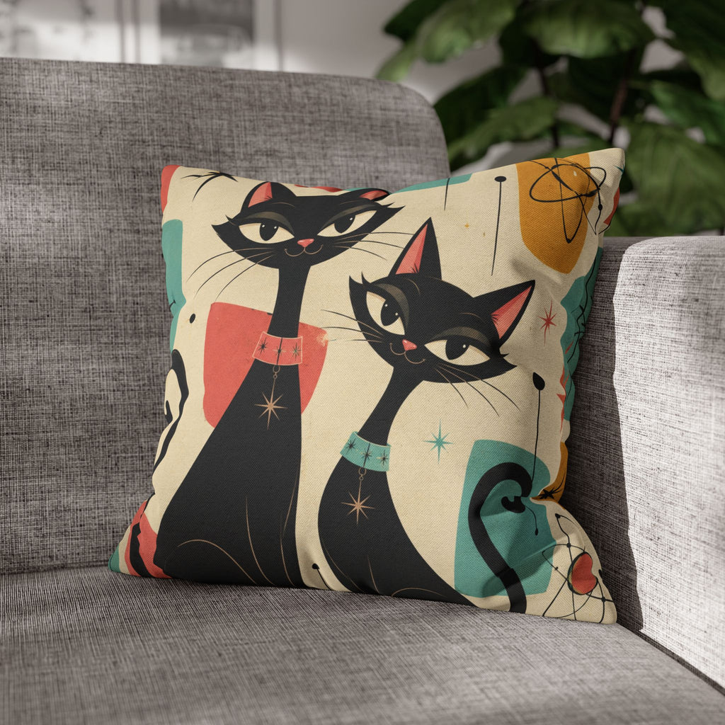 Mid Century Retro Atomic Black Cats Pillowcase | Spun Polyester Square Pillowcase - COVER ONLY
