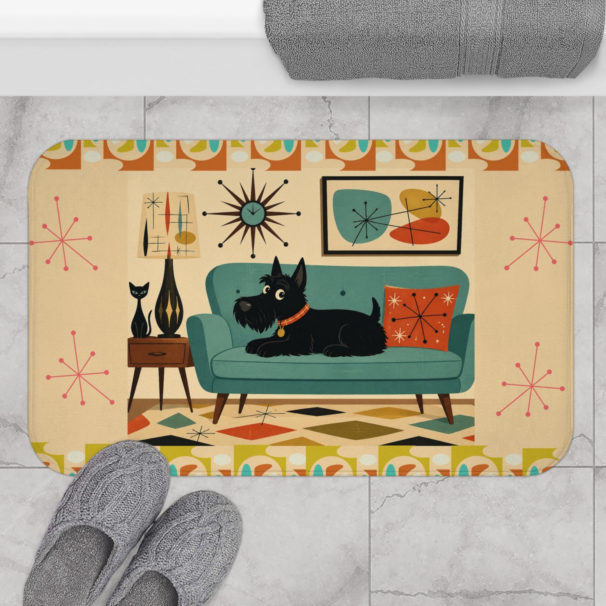 Mid Century Black Scotty Dog on Couch Bath Mat | Retro Atomic Living Room