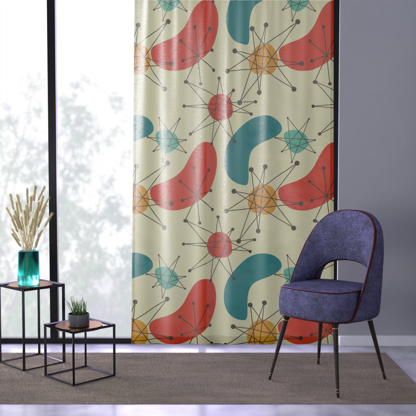 Atomic boomerangs and starburst sheer Window Curtain, retro home decor, Mid century modern design