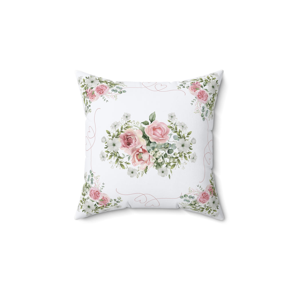 Pink Peony rose love heart Spun Polyester Square Pillow, Shabby chic style, Farmhouse decor, floral scatter cushion