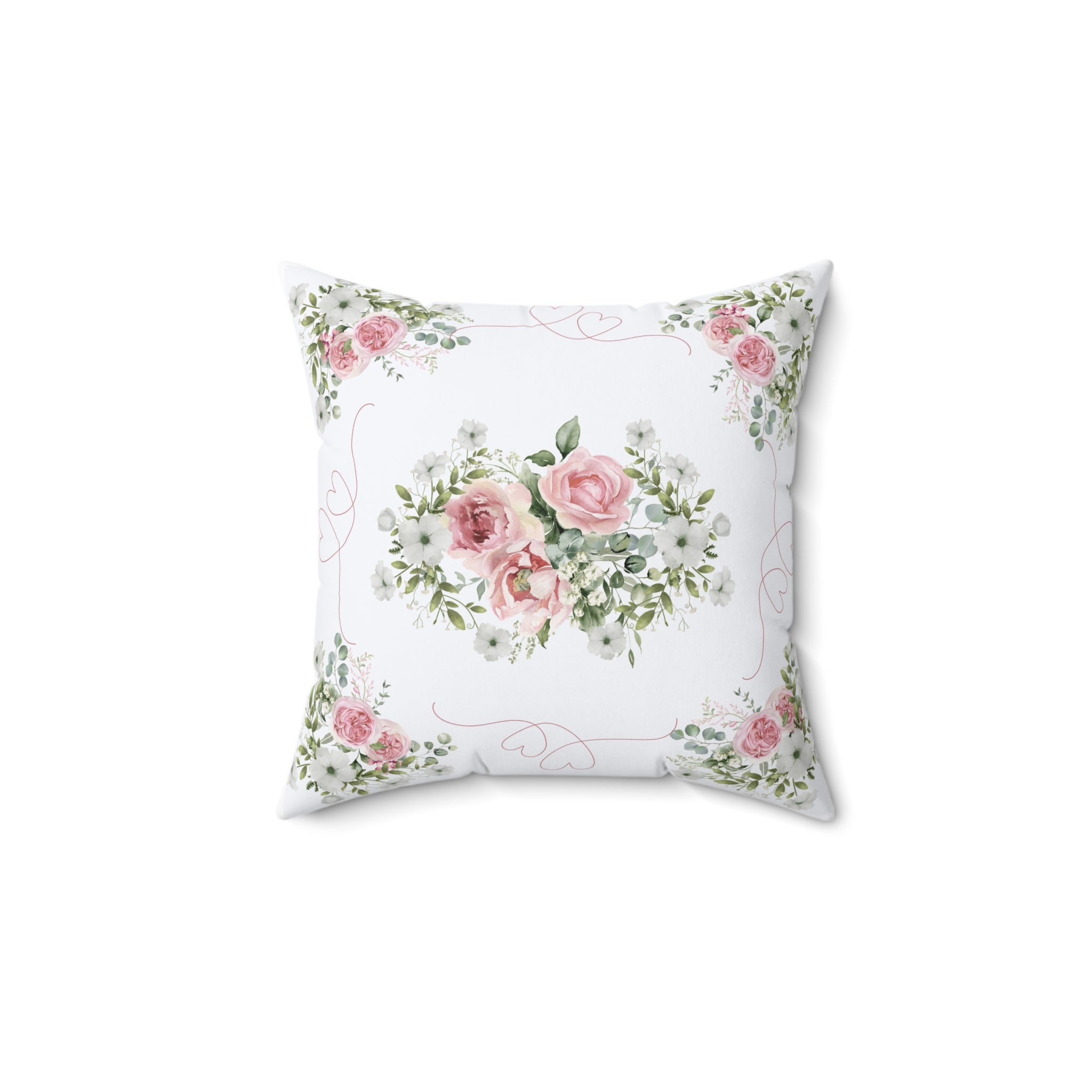 Pink Peony rose love heart Spun Polyester Square Pillow, Shabby chic style, Farmhouse decor, floral scatter cushion