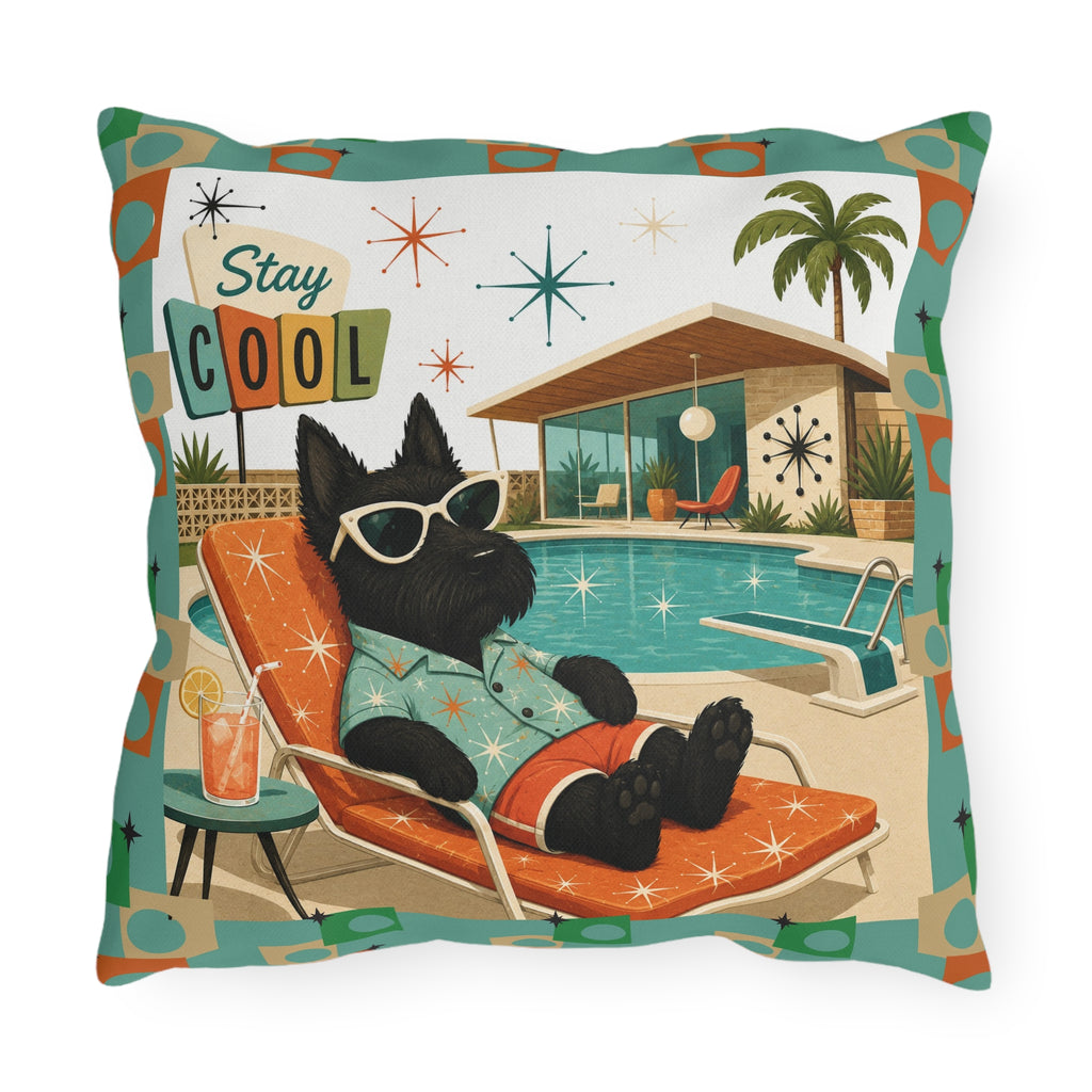 Retro Poolside Scottie Dog Stay Cool Outdoor Pillow | Mid Century Modern