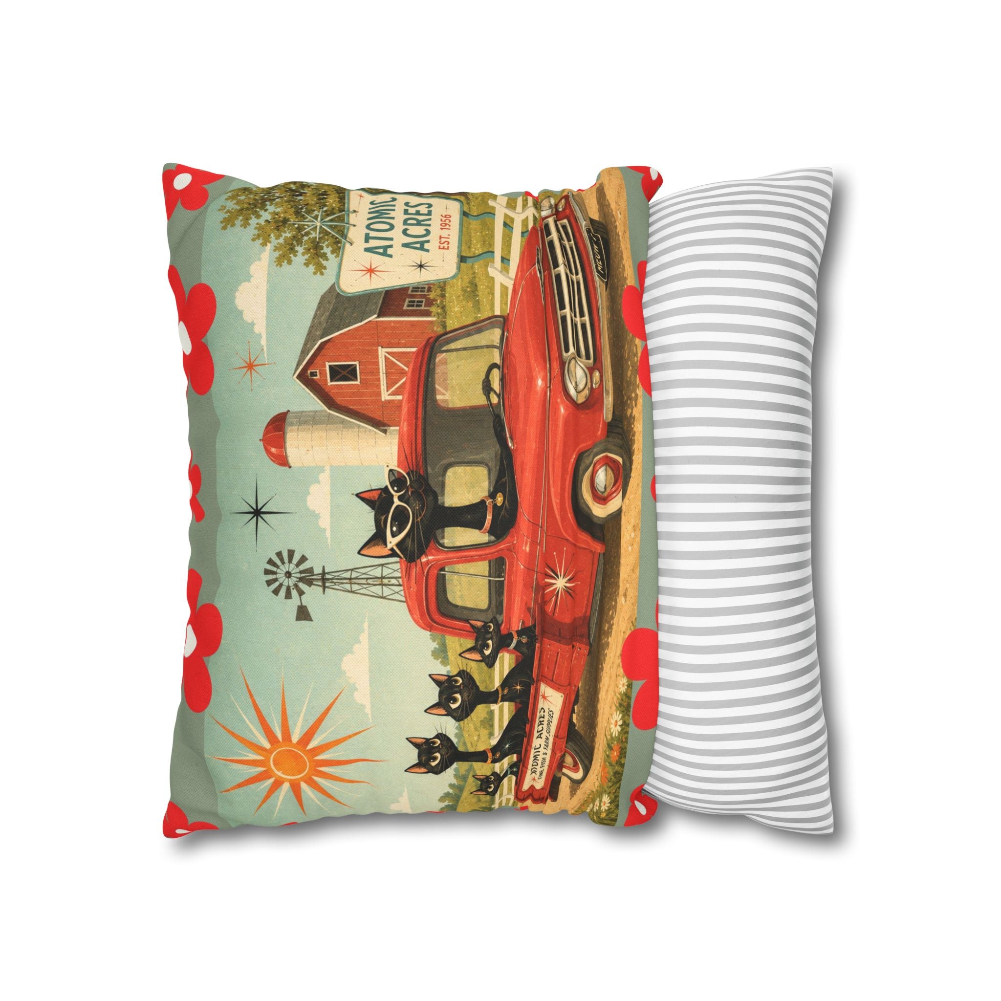 Retro Red Truck with Atomic Black Cats and kittens Pillowcase | MCM Square Pillowcase - COVER ONLY