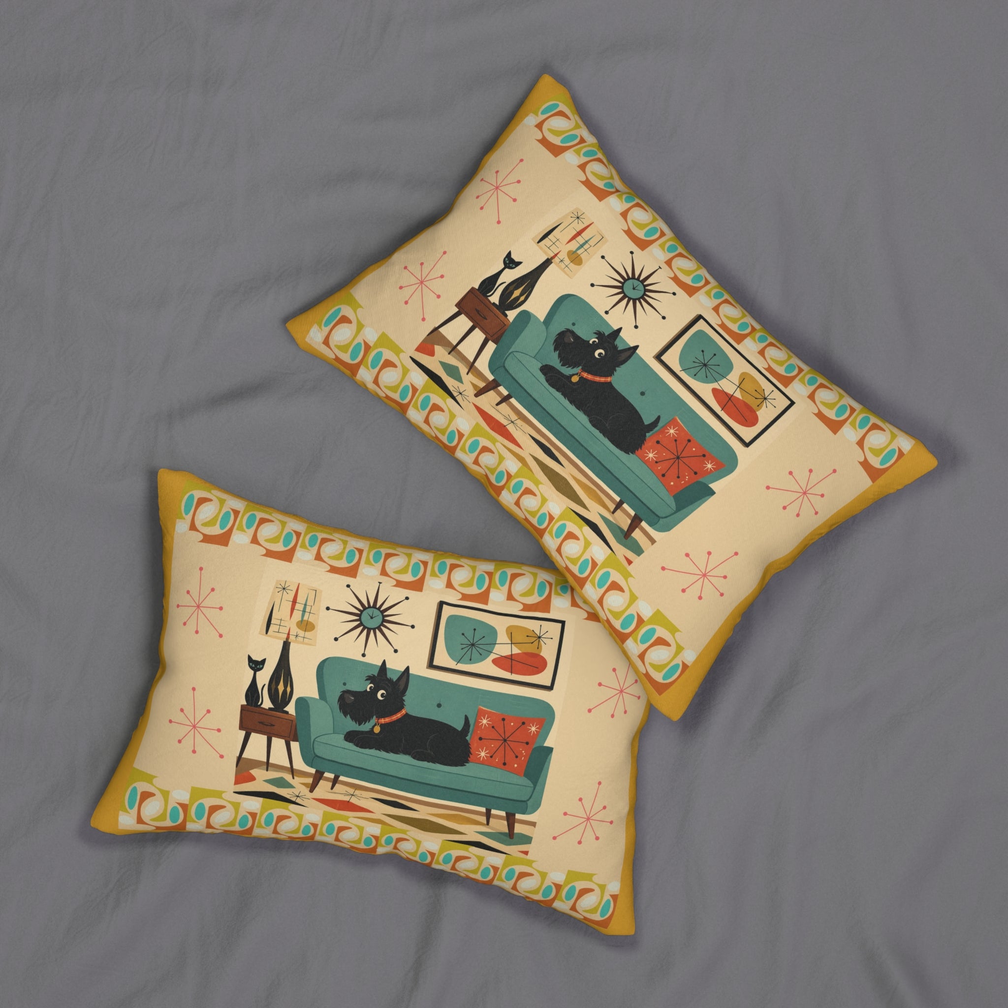 Mid Century Scotty Dog on Teal Sofa Lumbar Pillow | Retro Atomic Living Room