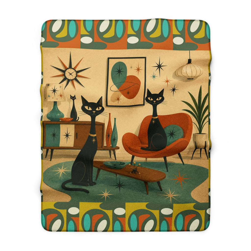 Mid Century Modern Atomic Black Cats Sherpa Fleece Blanket | Retro Atomic Living Room