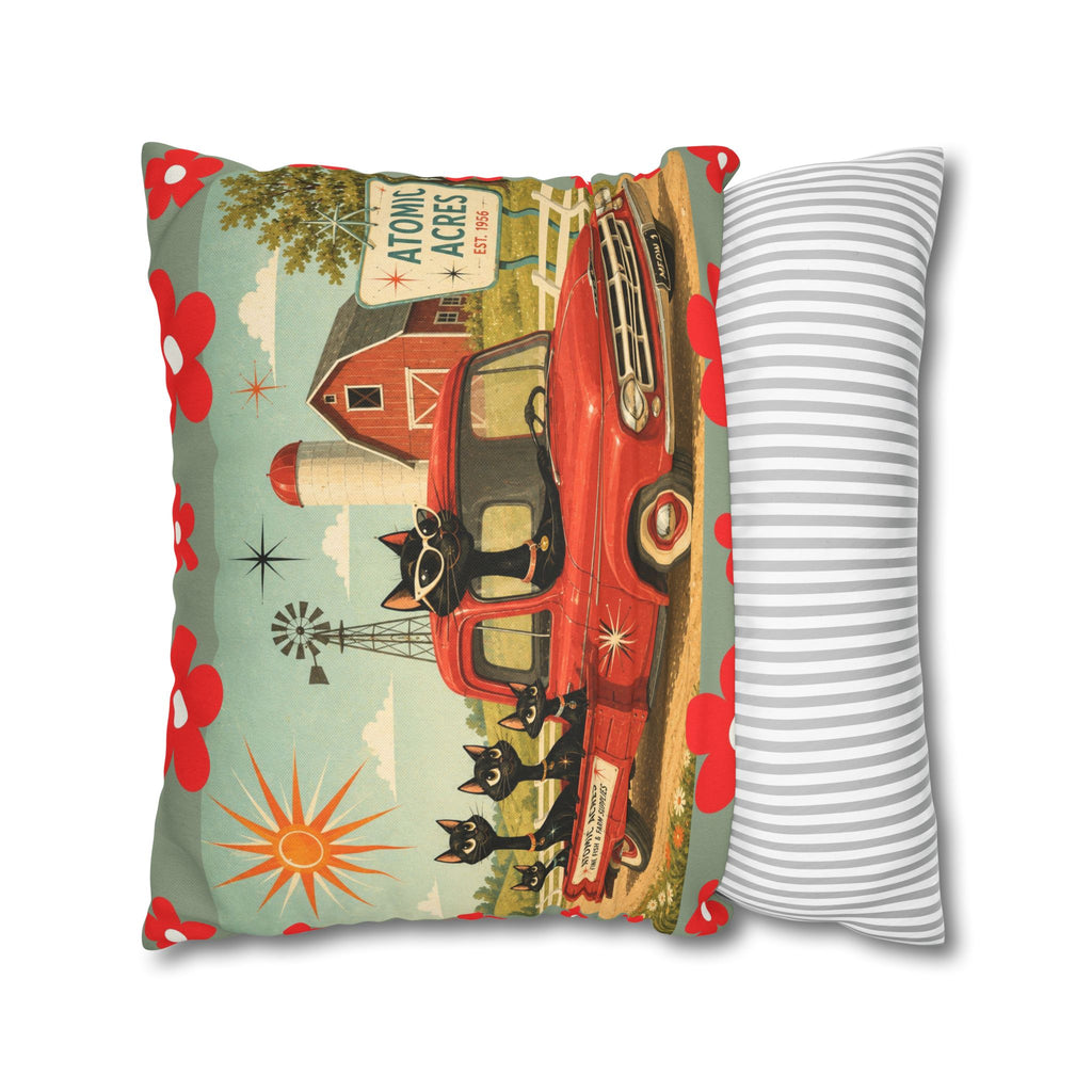 Retro Red Truck with Atomic Black Cats and kittens Pillowcase | MCM Square Pillowcase - COVER ONLY
