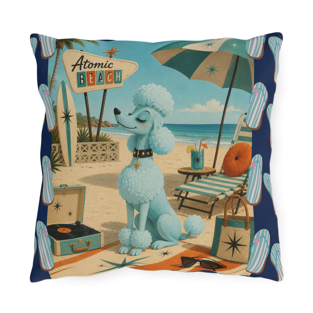 Retro Atomic Beach Blue Poodle Outdoor Pillow | Mid Century Coastal Decor