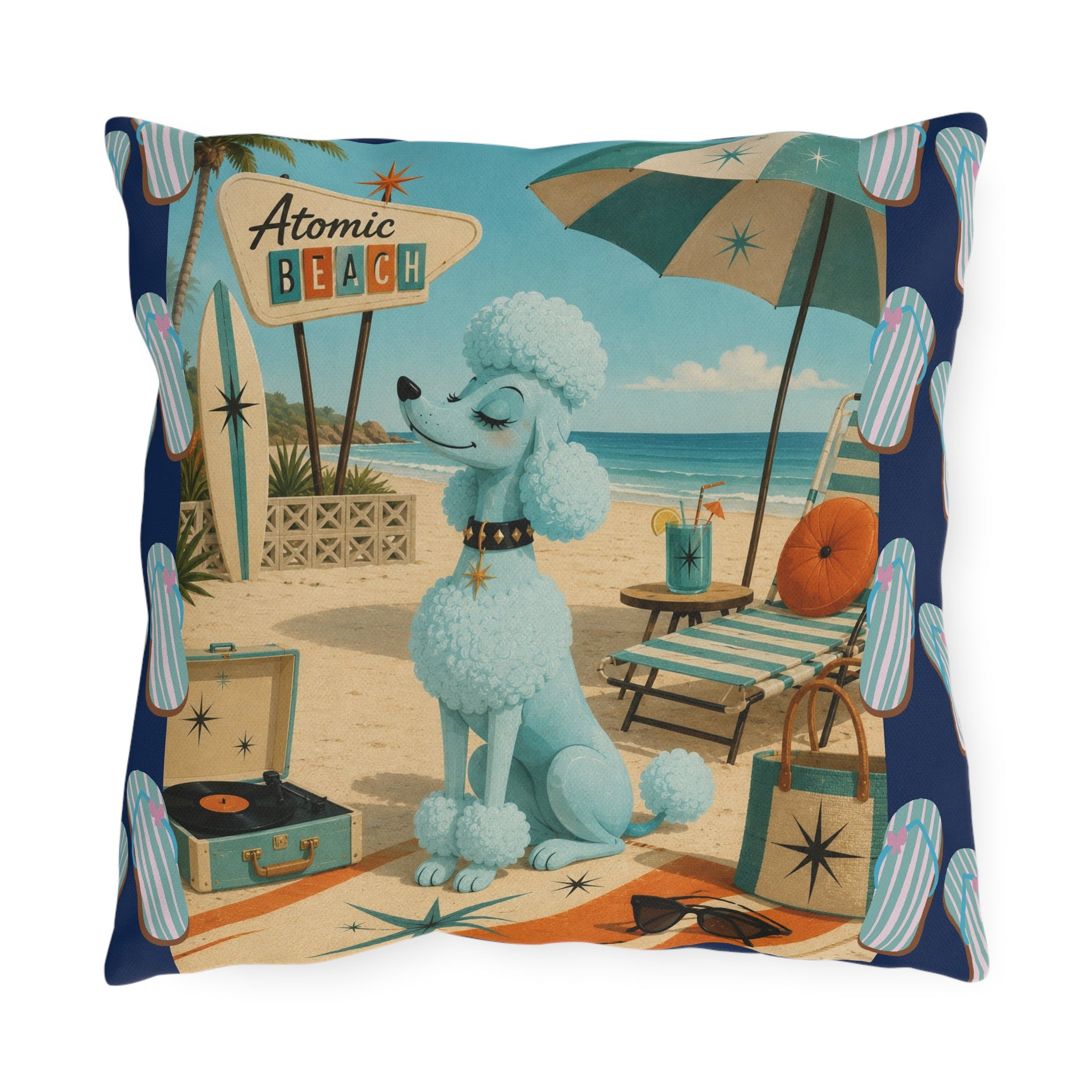 Retro Atomic Beach Blue Poodle Outdoor Pillow | Mid Century Coastal Decor
